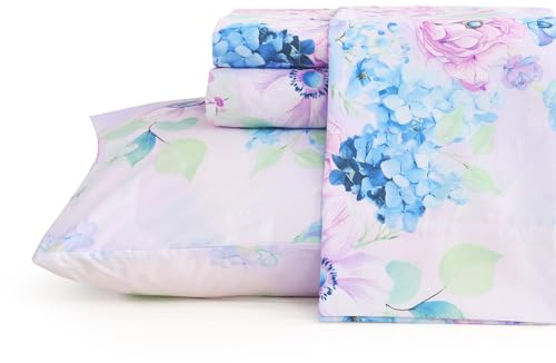 JSD Purple Hydrangea Floral Sheet Set Cal King, 4 Piece Printed Microfiber Bed Sheets Deep Pocket
