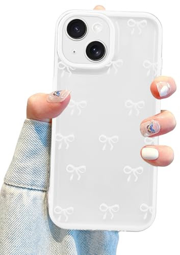 Jusy Kompatibel mit iPhone 13 Hülle,Süße Klar Rosa Schleifenmuster Schöne Weiche TPU Telefonhülle Vollständiger Kameraschutz Handyhülle für Frauen Mädchen - Weiß
