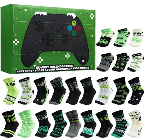 Get Trend Xbox Strumpor adventskalender 2025, 24 par strumpor storlek EU 35–40, jul nedräkningskalender, gaminggåvor för pojkar och tonåringar, grön/Xbox
