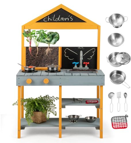 DREAMADE Cuisine Enfants en Bois, Jeu de Cuisine Extérieure avec Bac à Plantes, 2 Tableaux Noirs, Evier Amovible, Etagères de Rangement, Ustensiles de Cuisine, pour Enfants de 3+ Ans (Bleu)