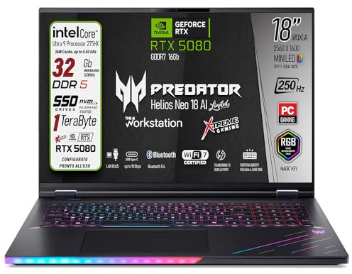 Acer Predator Helios 18 AI Portatile Gaming, Intel Ultra 9-275X, RAM 32 Gb DDR5 SSD 1 TB, Display 18 WQXGA 250Hz MINILED, GeForce RTX 5080 16Gb GDDR7, WI-FI 7, Win 11, Ready to use