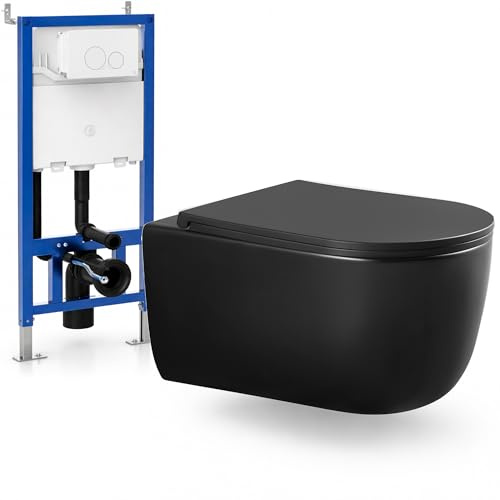 LARDECOR - WC Inodoro de Cerámica Suspendido + Cisterna | 530x365x365 mm | Váter con Sistema Rimless Antibacterias, Tapa Dura Extrafina UF Amortiguada y Ahorro de Agua (Negro Mate)