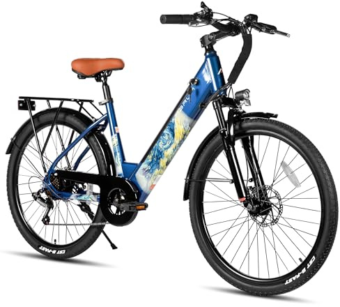 HILAND 26 Inch Electric City Bike, 250W Motor 36V E-Bike for Adults, 7-Speed with Front & Rear Disc Brakes, High-Carbon Steel Frame, 10.4Ah Battery, Unisex Commuter Electric Bicycle, Blue