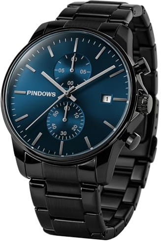 PINDOWS Schwarze Herrenuhr Minimalistischer Edelstahl Chronograph, Datum