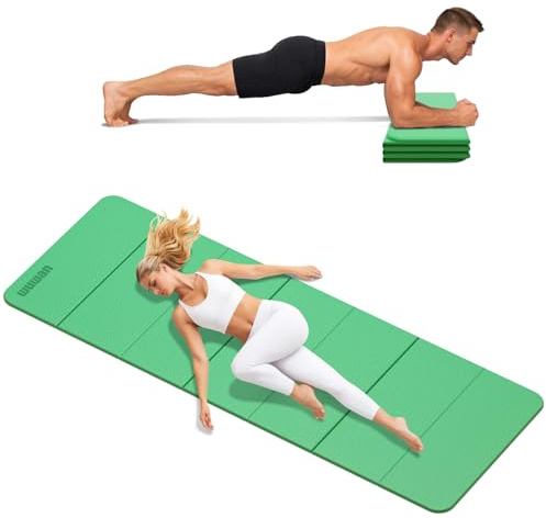 Folding Yoga Mat Extra Thick 0.4 Inch, TPE Exercise Mat 75 x 26 Inches, 7-Panel Non Slip Cushioned Fitness Mat for Yoga, Pilates, Stretching, Home Workout (Green)