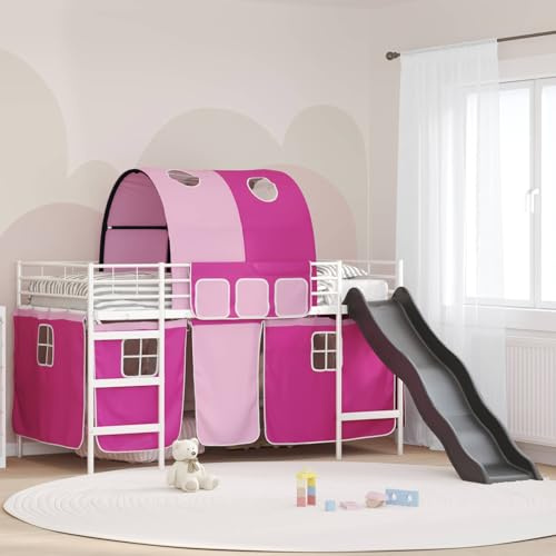 QUAHEAS Golvsäng för barn, vit och rosa, 79,5 x 200 cm metall, med halkfri, robust stålkonstruktion, utrymmesbesparande, för barnrum