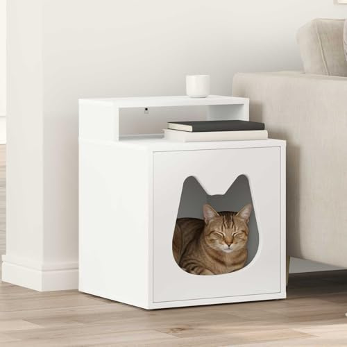 Runheo Casa para gatos blanca de madera 42,5 x 40 x 53,5 cm con kit de montaje, refugio interior para gatos, lugar de descanso acogedor para juegos, escalada