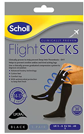 Dr. Scholl's Comfortable Flight Socks - Compression Stocking for Travel - Enhances Blood Circulation - Reduces Swelling on Long Flights - Cotton Feel - Black - Size 3-6, 1 Pair