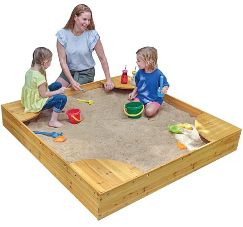 KidKraft Wooden Backyard Sandbox with Built-in Corner Seating and Mesh Cover, Kid's Outdoor Furniture, Honey, Gift for Ages 2-8