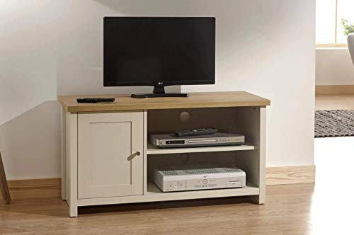 GFW Lancaster 1 Door Elegant TV Display Shelves & Storage Cabinet, Entertainment Unit Media Stand Country Inspired Wooden Living Room Furniture, Cream Finish With Oak Contrast Top W95 xL40 x H50 cm