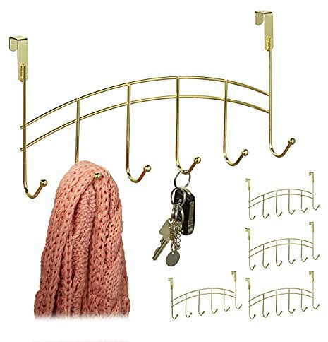 Relaxdays 5 x Türgarderobe, 6 Haken, zum Einhängen, Metall, Türhakenleiste Flur, Schlafzimmer, Bad, HxBxT: 20 x 40 x 9 cm, gold