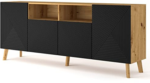 BIM Furniture Kommode LUXI 4D 195 cm Eiche Artisan, Fronten schwarz matt gefräst MDF, Beine aus Massivholz, Sideboard Highboard Schrank, 4 Türen