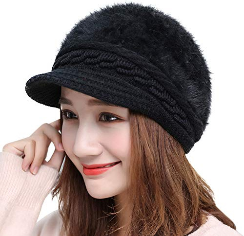 XINCHI Bonnet à visière tricotée en laine pour femme, béret à visière, chapeau à cloche, casquette de gavroche doublée en polaire, casquette de cabbie pour dames filles