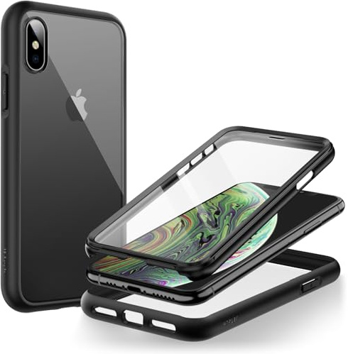 JETech Case for iPhone XS and iPhone X 5.8 Inch with Built-in Screen Protector Anti-Scratch, 360 Degree Full Body Rugged Phone Cover Clear Back (Black)