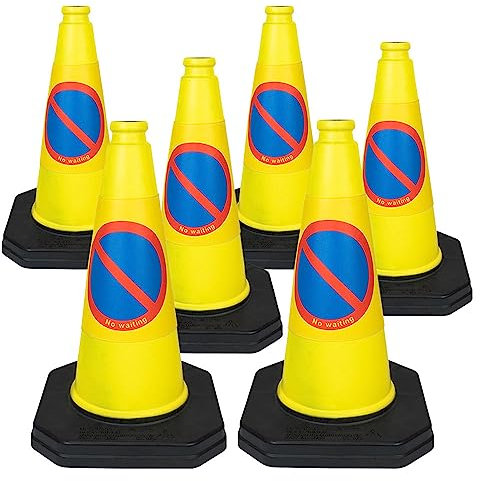 6 x 460mm 1-Piece High No Waiting Traffic Cones in Yellow - Strong and Durable Outdoor Cones with Very Low Centre of Gravity - U.K Made Safety Cones