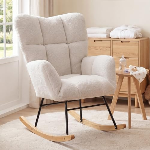 DEKKETO Nursing Rocking Chair, Teddy Glider Chair for Nursery, Comfy Living Room Armchairs with High Backrest for Adults, Ivory