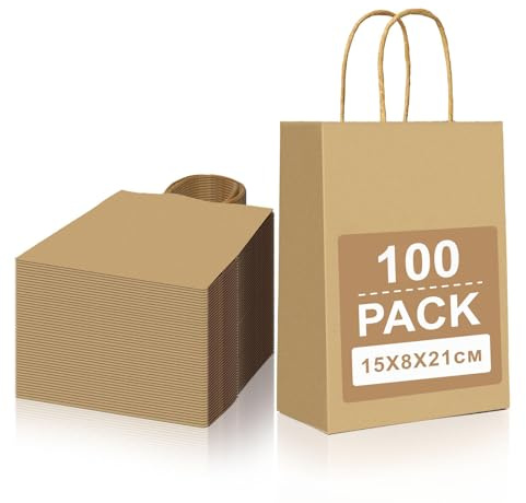 Gucass 100 Pieza Pequeñas Bolsas Papel Kraft con Asas, Marrón Bolsas de Papel Regalo, 15x8x21cm, Bolsitas de Regalos para Embalaje de Regalo, la Compra, Navidad Fiestas de Cumpleaños Bodas
