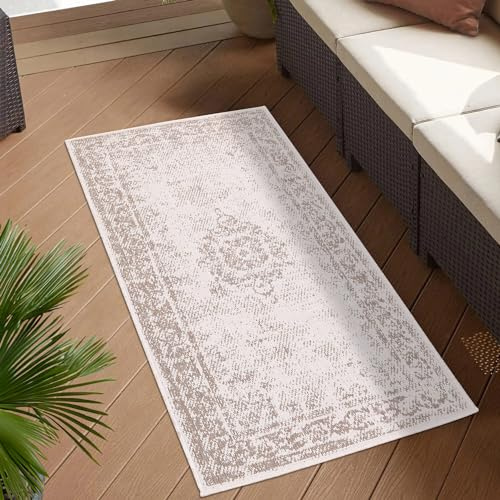 carpet city Utomhusmatta, väderbeständig, 80 x 150 cm – kräm-beige – vändmatta, dubbelsidigt ornamentmönster – balkongmatta vattentät utomhus – terrassmatta