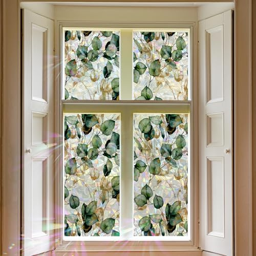 QUCHENG Watercolor Leaves Static Window Film Laser Suncatcher Glass Cling Privacy Decal Living Room Sun Blocking Decor Large Stickers DIY Decorations