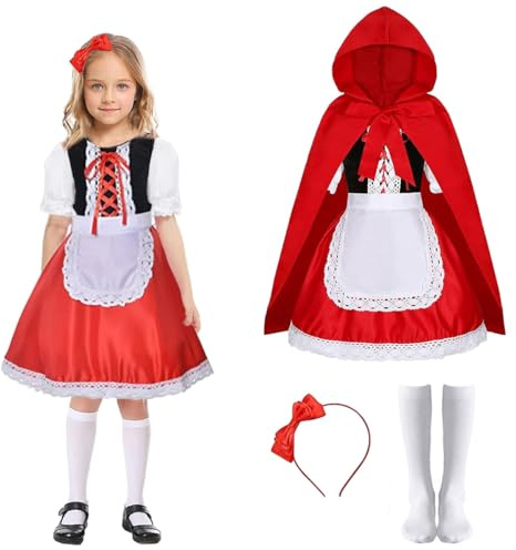 LGZIN Vestito Costume da Cappuccetto Rosso, Cappuccetto Rosso Abito Bambina con Mantello, Grembiule, Calzini e Cerchietto, Cappuccetto Rosso Travestimento per Halloween Carnevale (110 cm)