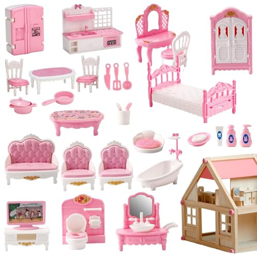 32 Pcs Pink Dolls House Furniture Set, Miniature 1:12 Scale Dollhouse Accessories with Kitchen, Bedroom, Living Room & Bathroom - Realistic Pretend Play Toy for Kids, Children's Playhouse