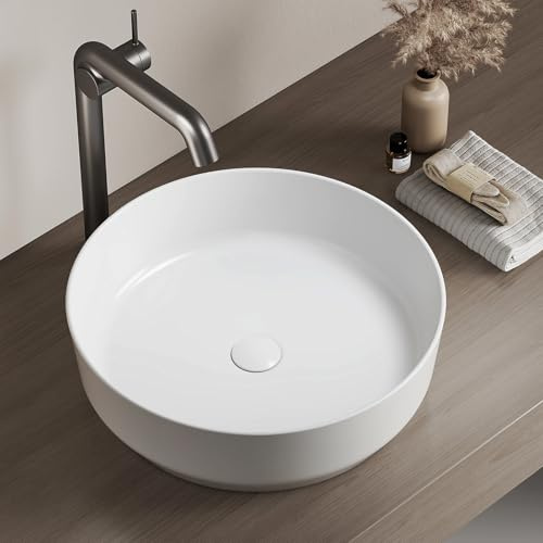 EMKE Lavabo da Appoggio – Lavabo Rotondo in Ceramica, 39 x 39 x 12 cm, Installazione su Piano, Bianco Lucido, Ideale per Bagno e WC Ospiti