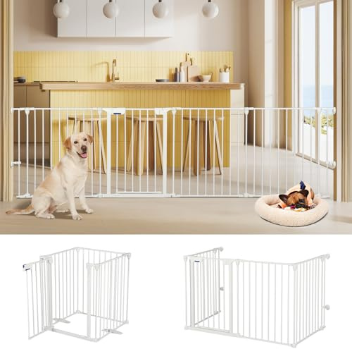 AGESISI Freestanding Dog Gates with Door Walk Through, Extra Wide Doggy Door 100 W x 29 H Pet Gate Safty 4 Panels Dog Fence for Stairs, Doorways, White