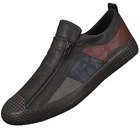 Chaussures pour homme Patchwork en cuir - Chaussures plates - Pieds larges - Avec fermeture éclair - Chaussures pieds nus avec dessus en cuir - Semelle souple - Mocassins antidérapants, Noir , 46 EU