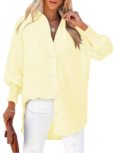 Cuptacc Camicette Donna Elegante Cotone Manica Lunga Righe Collo V Camicie Rughe Polsino Senza Pieghe Blusa Traspiranti Bottone Camicia Strisce Gialle S