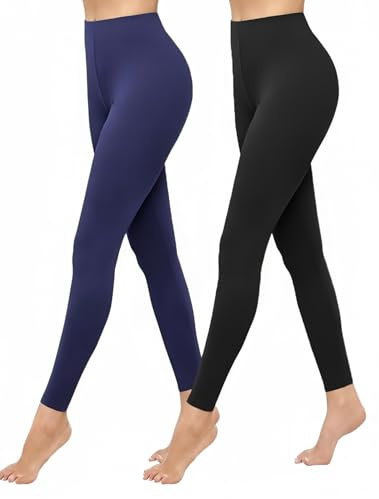 Ekouaer 2 Pack Thermal Leggings Women UK Soft Elastic High Waisted Thermal Lined Pants High Waisted for Gym Yoga in Winter