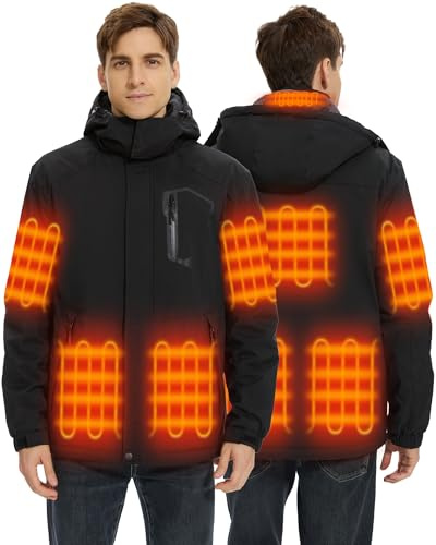 Hecusma Veste Chauffante Homme avec Batterie 18400mAh 12V, Veste Chauffante Homme avec 8 Zones de Chauffage, Vestes Randonnée Capuche Amovible Winddicht Wasserdicht für Ski Freien Winter, L