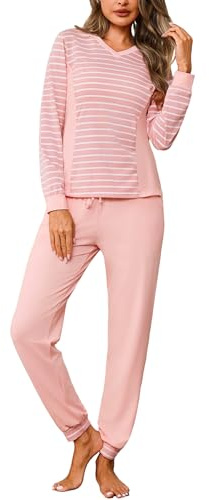 Crewhpo Pyjama Femme Hiver Col V Haut Rayé Manches Longues Style Sport | Tissu Doux et Chaud, Haut Rayé à Manches Longues, Pantalon Long Uni, Pour les Soirées Froides, Facile à Porter au Quotidien