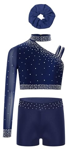 Linyuir Mädchen Gymnastikanzug Paillette Ballettanzanzug Klassischer Ballettanz Asymmetrischer Eiskunstlaufanzug Kostüm Aufführung Jahre Marineblau 146-152