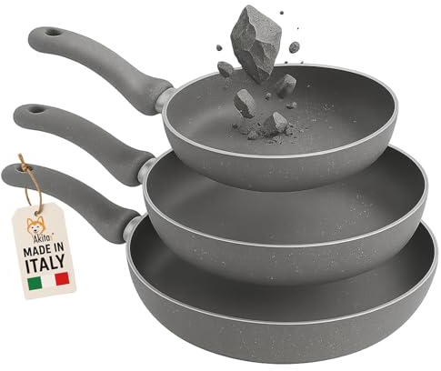 AKITAInk Set 3 Padelle Primolla Stone Effetto Pietra Antiaderenti - Tris Padelle Diametro 20-24-28 cm, Rivestimento 6 Strati, Manico Ergonomico, Made in Italy