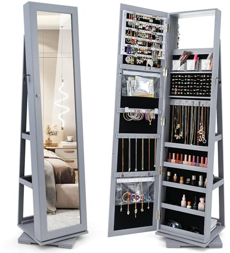 COSTWAY Armoire à Bijoux Pivotante à 360 Degrés, Organisateur de Bijoux sur Pieds, avec Grand Miroir Psyché et Etagère de Rangement à L'Arrière (Gris)