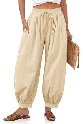Cicy Bell Womens Baggy Pleated Harem Pants Summer Elastic High Waisted Wide Leg Balloon Cotton Lounge Pants Light Khaki