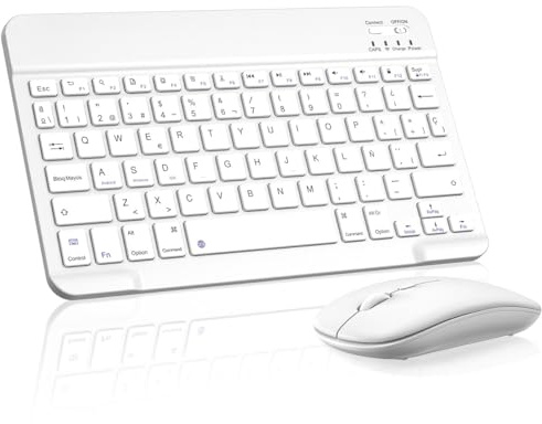 Cimetech Teclado y Ratón Inalámbrico Bluetooth, Teclado ergonómico Ultrafino con batería Recargable integrada para iOS, Mac, iPad, Windows y Sistemas operativos Android 3.0, Español QWERTY, Blanco