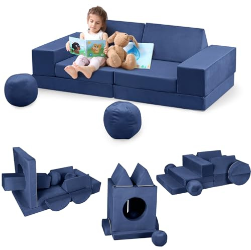 Sofá Modular De 12 Piezas Para Niños: Sofá Seccional DIY Para Sala De Juegos, Dormitorio y Guardería. Espuma Suave, Plegable, Funda Extraíble, Muebles Creativos Para Niños y Niñas, Azul Marino.
