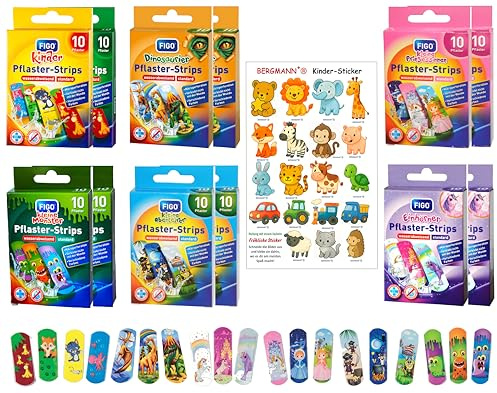 120x Barnplåster FIGO 19 Motiv &【gratis】BERGMANN⁺® Klistermärken, Plåster Set för Flickor och Pojkar, Kliniskt Testat, Vattenavvisande, Strips, Färgglada Plåster, Stickers, Barnfödelsedagspresent