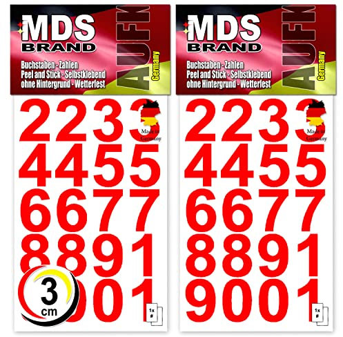 MDS Brand 3cm Zahlen Aufkleber Rot | Selbstklebende Klebezahlen | Vinyl Hausnummern zum Aufkleben für Briefkasten, Mülltonnen, Hausnummer für Außen & Innen Peel (3cm, Rot)