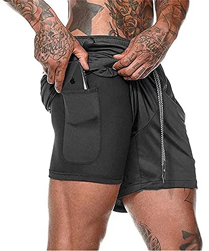 XDSP Pantaloncini Sportivi da Uomo, 2 in 1 Sport e Allenamento Fitness Shorts Jogging, Pantaloncini Asciugatura Veloce(Nero,3XL)