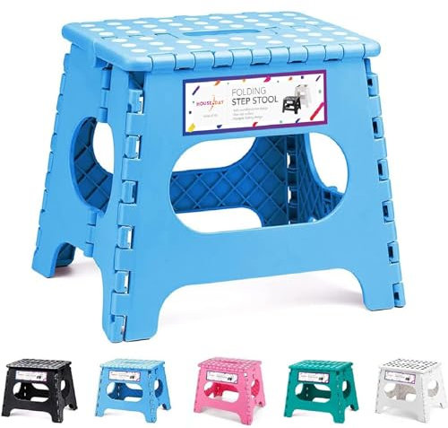 HOUSE DAY Sgabello pieghevole da 28 cm, sgabello leggero, solido e sicuro, si apre facilmente con un pattino, ideale per la cucina, il bagno e la camera da letto, colore blu chiaro