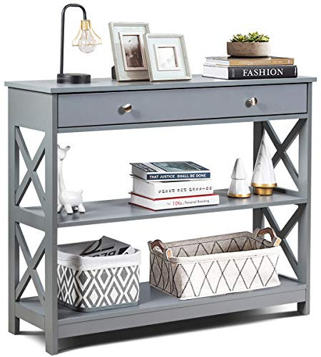 COSTWAY Console Table, X-Shaped Sofa Side End Table with Drawer and 2 Storage Shelves, Wooden Narrow Hall Desk Display Accent Table for Living Room Bedroom Entryway Hallway (Grey)
