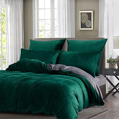 Boqingzhu Flauschige Plüsch Bettwäsche 135x200cm Grün Dunkelgrün Grau Uni Wende Bettwäsche Set Cashmere Touch Winter Kuschelig Bettbezug mit Reißverschluss und Kissenbezug 80x80cm