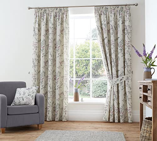 Dreams & Drapes - Natural Floral & Birds Curtains (168 x 228cm) - 2x Pencil Pleat Curtains - 100% Cotton - 2x Tie Backs - Purple Floral Curtains & Drapes - Vintage Songbirds Curtains