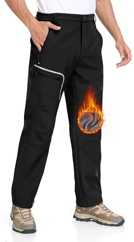 MoFiz Pantaloni Escursionismo Uomo Softshell Pantaloni da Sci Trekking Montagna Invernali Antivento Funzionali Pantalone da Lavoro Calda Fodera in Pile con Tasche a Zip B- Nero EU 3XL