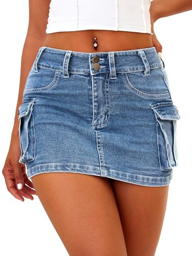 ELLEVEN Mini Cargo Skirts for Women High Stretchy, Low Waist Y2k Skirt Button Cute Denim Bodycon Jean Skirt with Pocket Denim Blue Medium