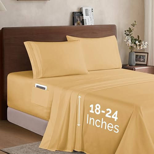 Elegant Comfort Luxury 1500 Premium Hotel Quality Microfiber 4-Piece Sheet Set - Soft, All Around Elastic 18-24 Inches Deep Fitted Sheet - Extra Deep Pocket Sheets, California King, Camel-Gold