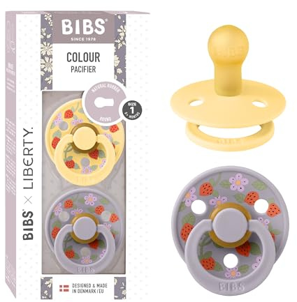 BIBS Liberty Dummies | 2 Colour Natural Rubber Latex Soothers | BPA Free Dummy | Round Nipple Pacifier | Designed & Made in Denmark | Strawberries and Cream Pale Butter Mix | Size 1 | 0+ Months