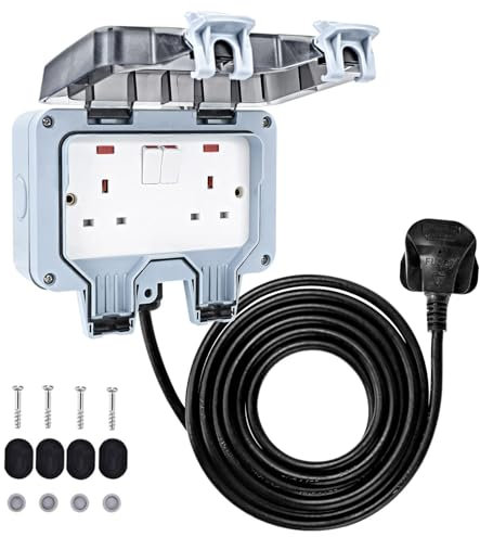 CROWNSHOP Weatherproof Outdoor Socket Waterproof Double Socket 5M Extension Lead IP66 Switched Wall Electrical Outlet 2 Gang Power Socket,Garden Outside Plug Sockets Cover Box (10m)
